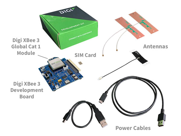 Placa de desarrollo XBee 3, antenas, tarjeta SIM, módulo XBee 3, cables USB