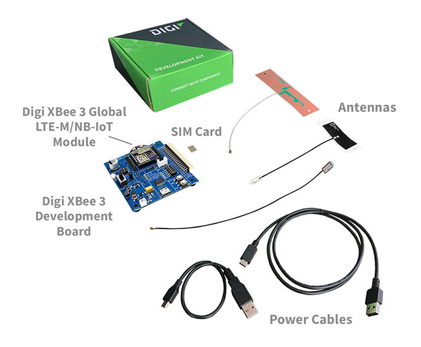 Placa de desarrollo XBee 3, antenas, tarjeta SIM, módulo XBee 3, cables USB