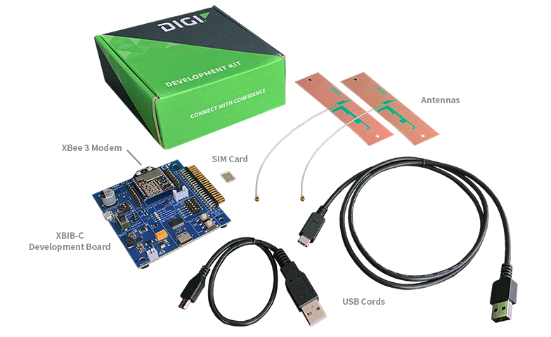 Placa de desarrollo XBIB-C, antenas, tarjeta SIM, módem XBee 3, cables USB