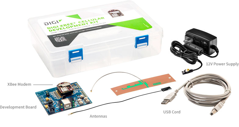 Placa de desarrollo, antena, módem XBee, fuente de alimentación de 12 V, cable USB