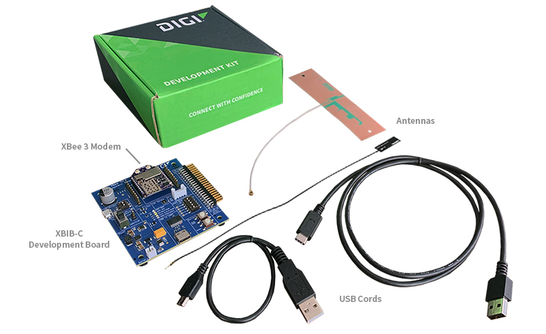 Placa de desarrollo XBIB-C, antenas, tarjeta SIM, módem XBee 3, cables USB