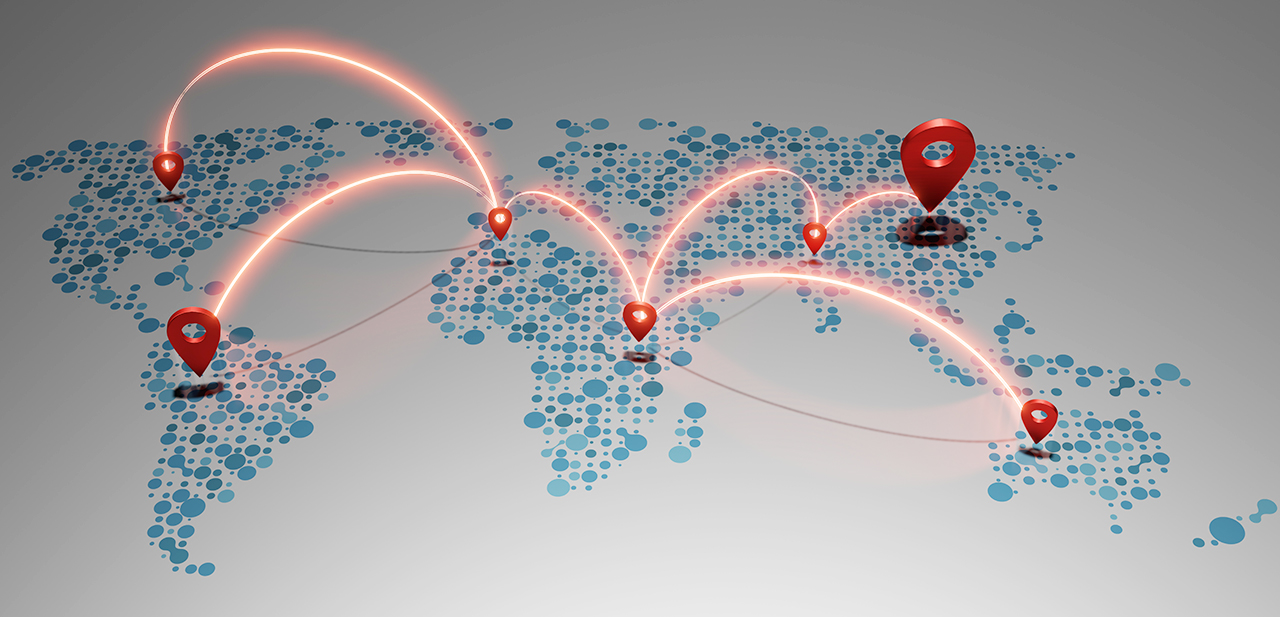 Mapa con marcadores que representan conexiones globales
