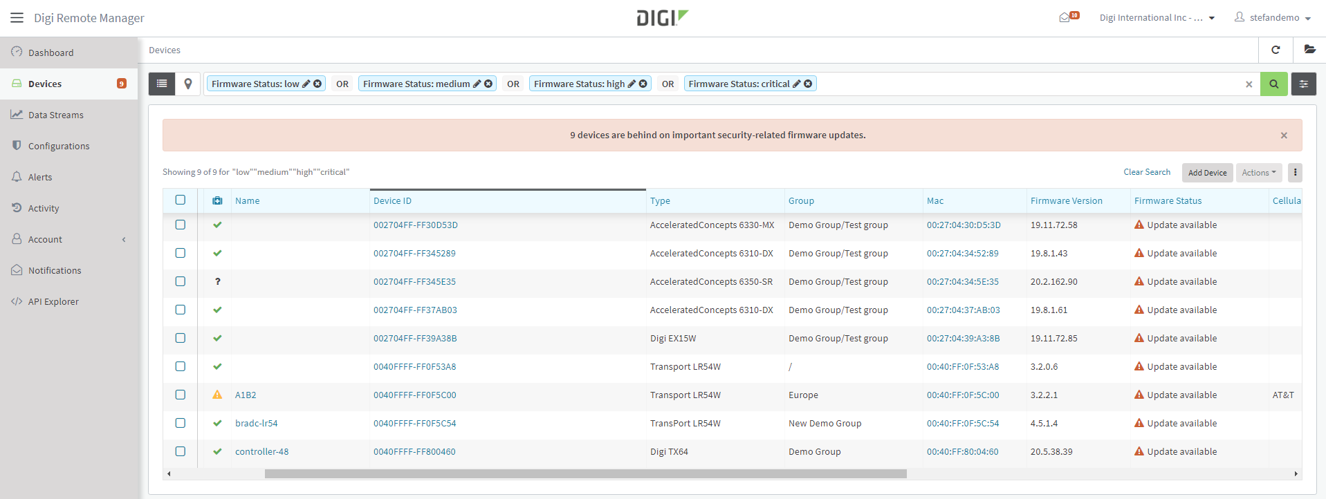 Digi Remote Manager - Estado del firmware