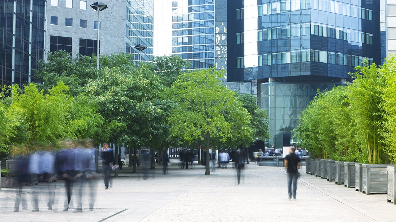 Centro urbano sostenible con espacios verdes