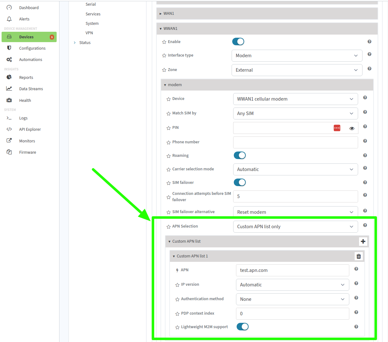 Digi Remote Manager - APN selection