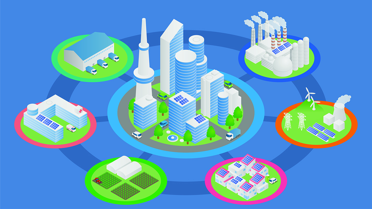 Infografía isométrica de la ciudad inteligente