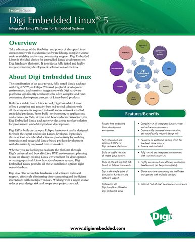 Especificaciones de las características de Digi Embedded Linux 5
