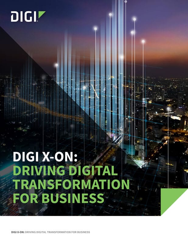 Portada del resumen de soluciones Digi X-ON titulado "Driving Digital Transformation for Business" con un paisaje urbano digital de líneas brillantes.