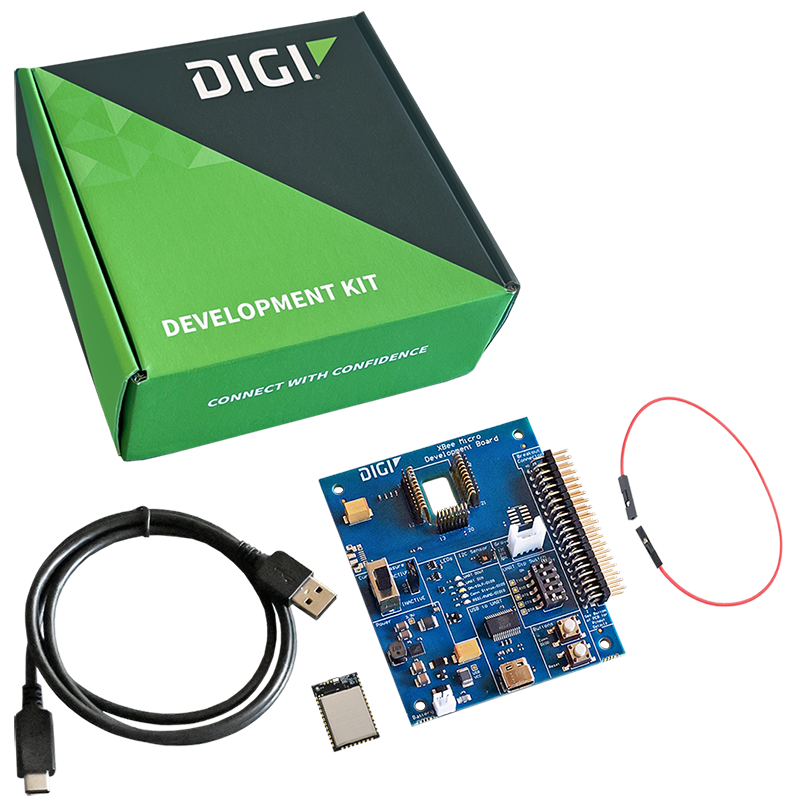 Kit Digi XBee con placa de circuito, cable USB, cable de antena y módulo.
