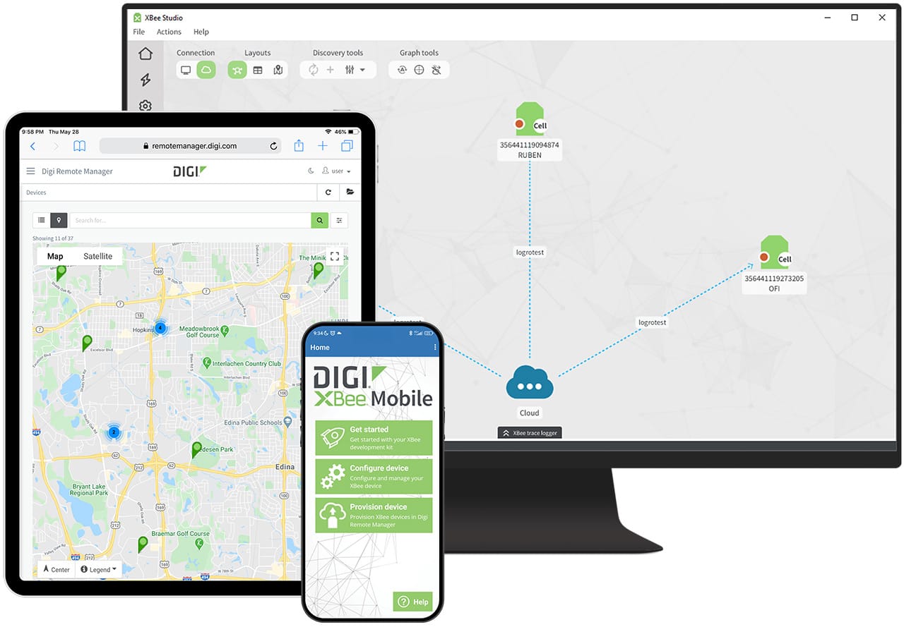 Tableta, smartphone y ordenador de sobremesa que muestran el software Digi XBee con mapas, gestión de dispositivos y conexiones en la nube
