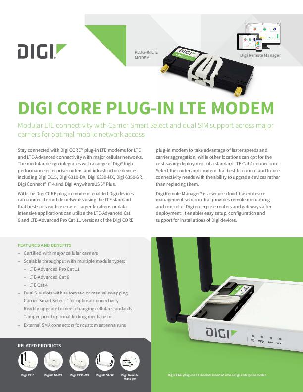 Ficha técnica del módem LTE enchufable Digi CORE Digi International