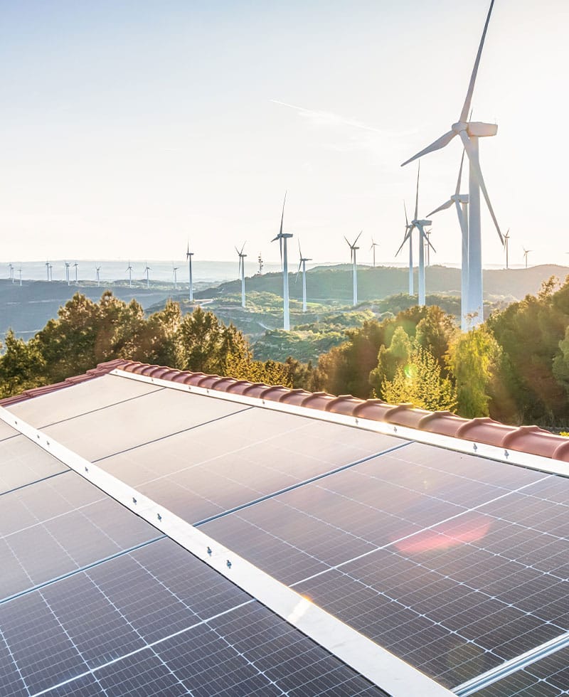 Paneles solares en tejados y aerogeneradores en laderas, que representan la integración de recursos energéticos distribuidos (RED).