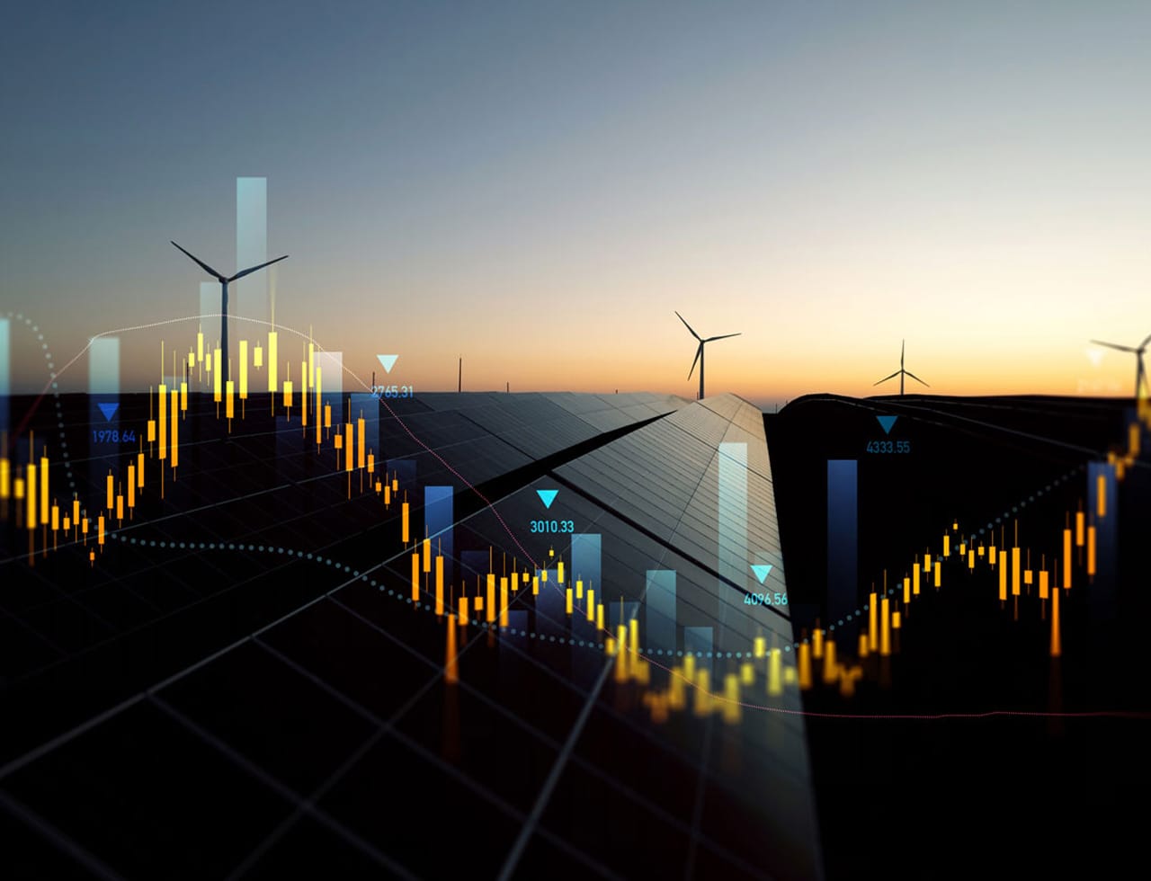 Paneles solares y aerogeneradores al atardecer, superpuestos con gráficos de datos del mercado energético que representan análisis de redes inteligentes.