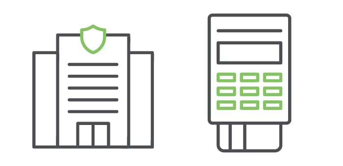 Edificio seguro con el icono del escudo y un terminal de pago