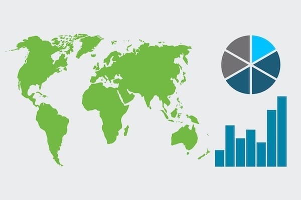 Mapa mundial con gráfico circular y gráfico de barras que muestra datos analíticos globales.