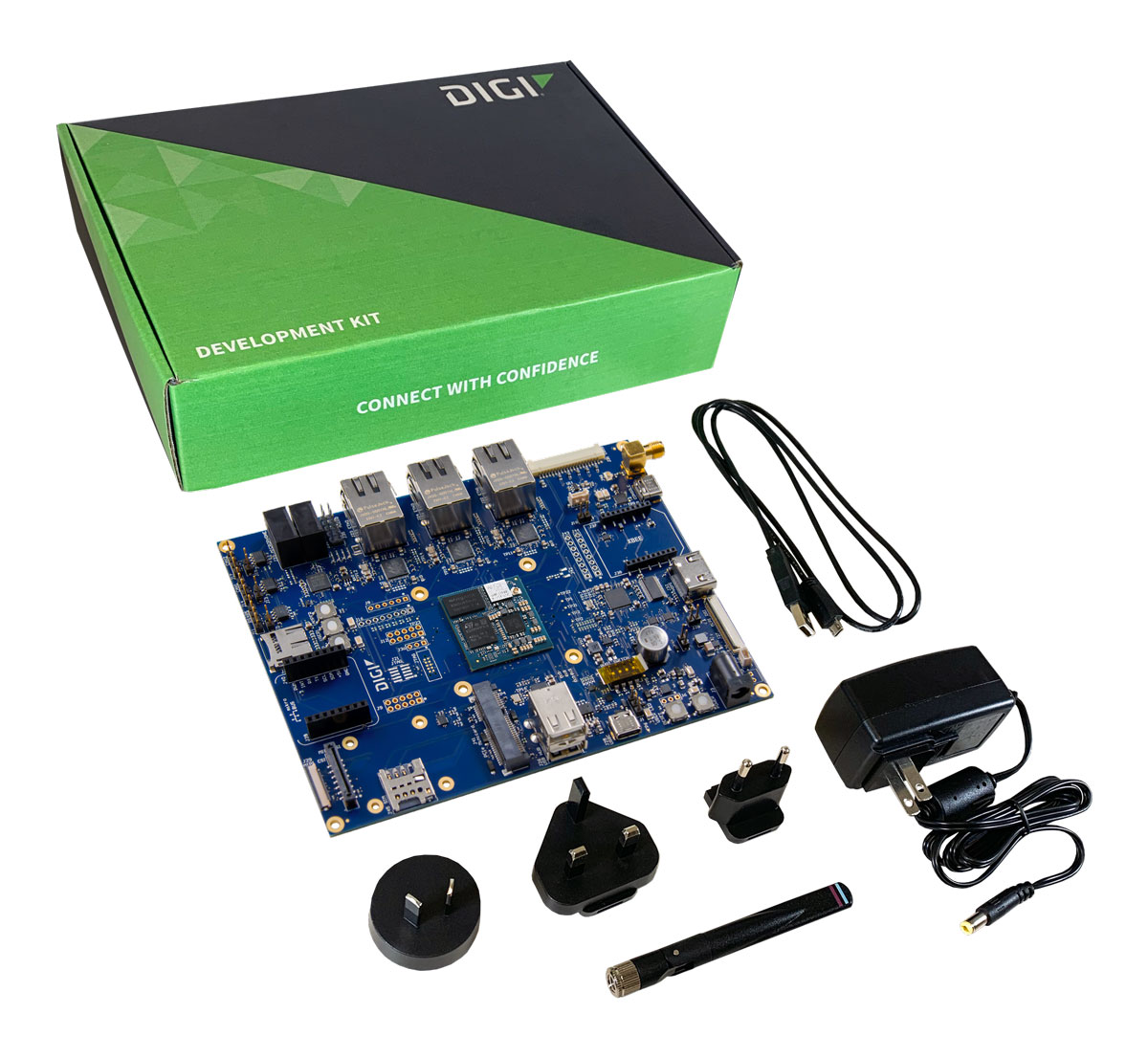 Digi ConnectCore MP255 Development Kit with development board and Digi ConnectCore MP255 dual 1 GB DDR4, 8 GB eMMC, 
wireless SOM